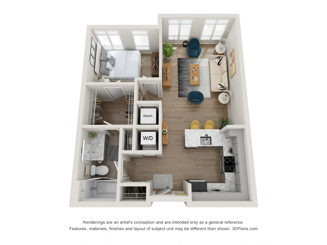 Floor plan for 1 bed, 1 bath, 621 sqft